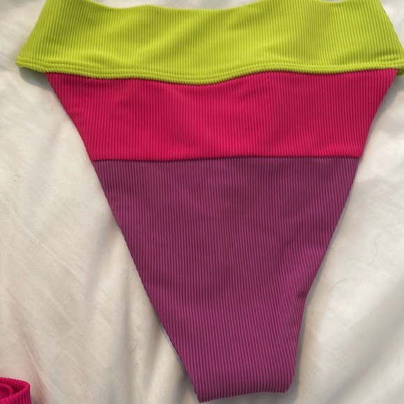 BEACH RIOT Alexis Colorblock Ribbed Bikini Bottoms High Waisted Lime Punch XS - Picture 7 of 7